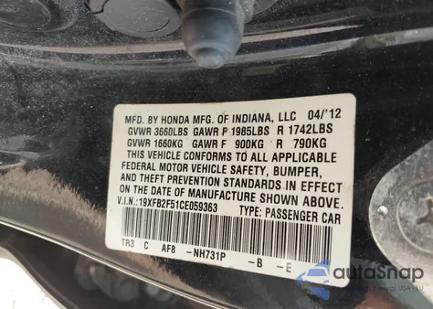 2012 Honda Civic Lx z USA, uszkodzony, nr VIN 19XFB2F51CE059363